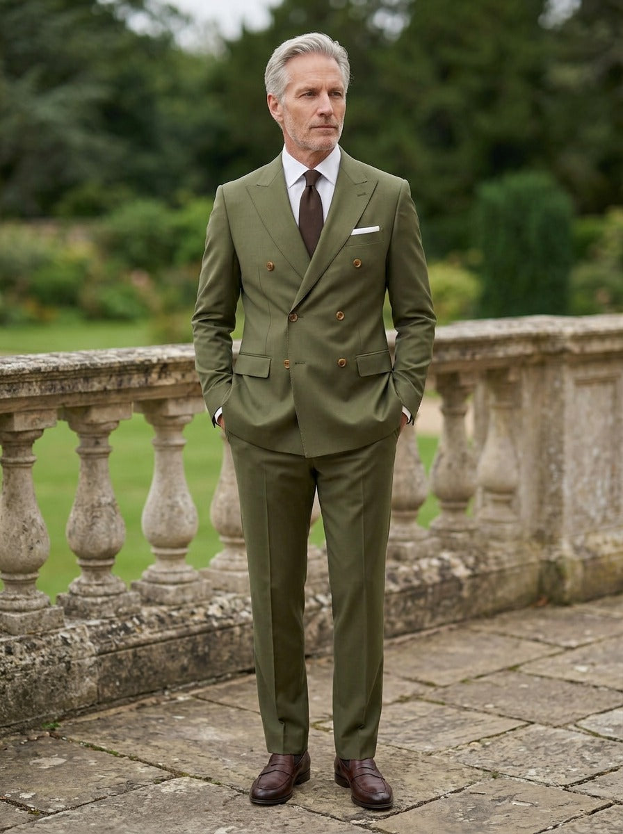 Langley double breasted suit in Olive, terrace lifestyle, Gentlemens Manor