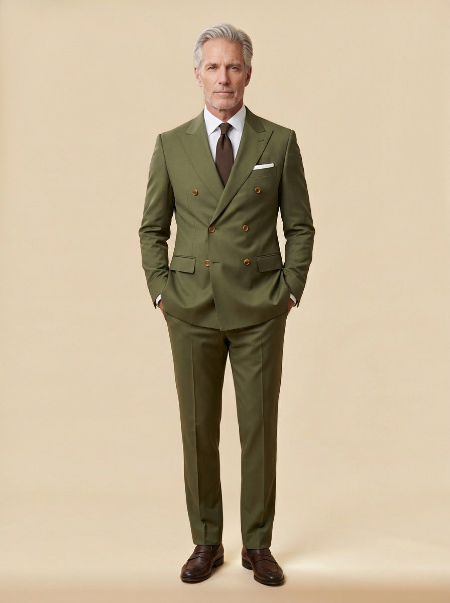 Langley double breasted suit in Olive, studio, Gentlemens Manor