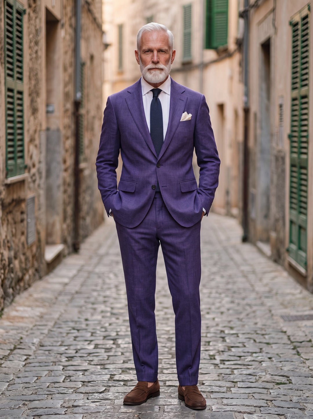 Langston Men two-piece suit in purple, worn by a model in a Mediterranean setting - Gentlemens Manor lifestyle