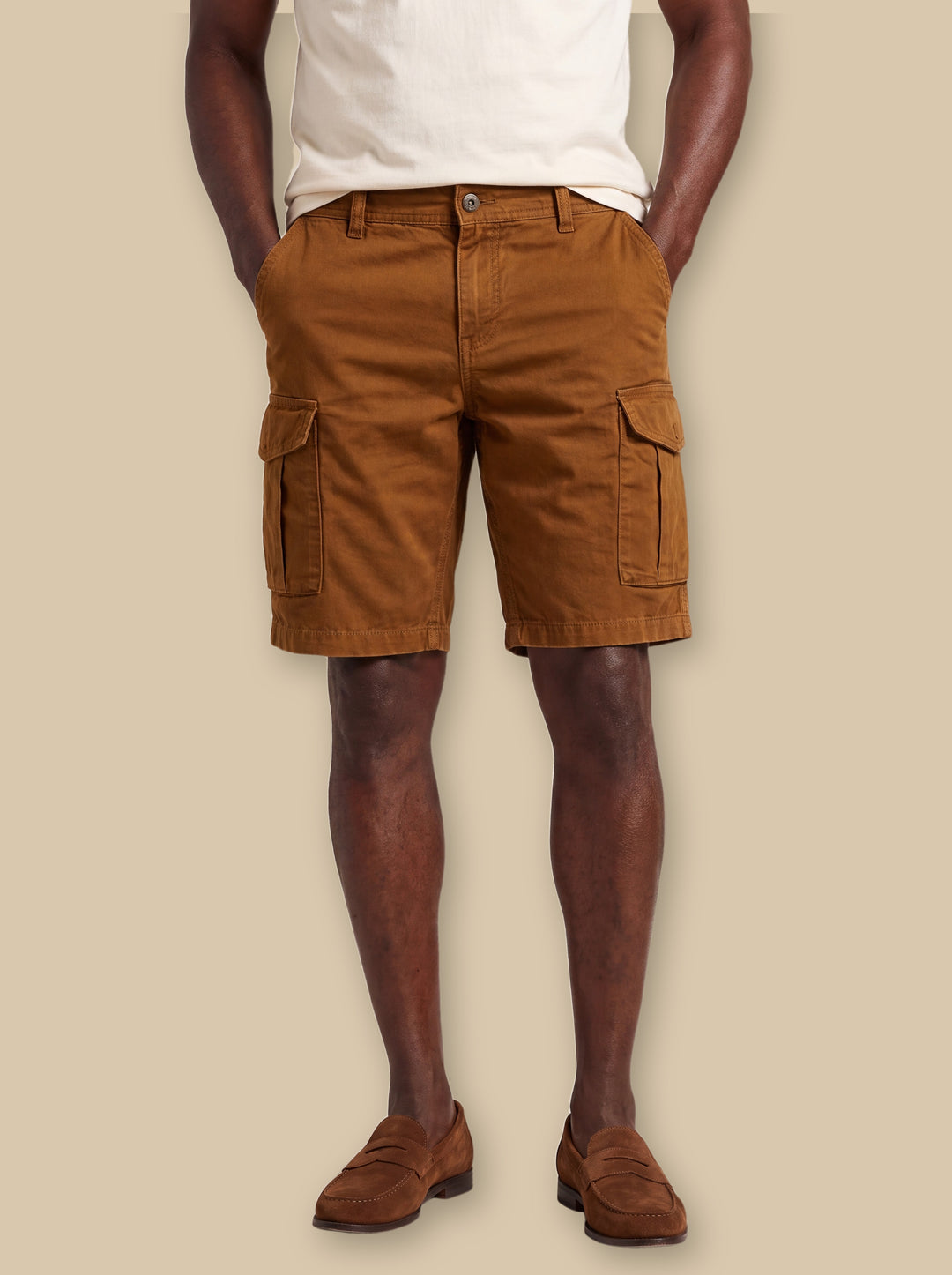 Langston summer shorts in Brown, worn by a model on a warm sand studio background - Gentlemens Manor