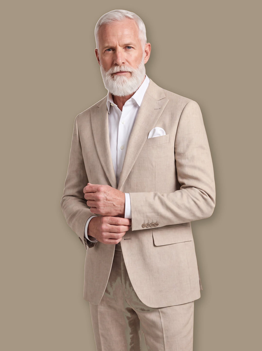 Langston two piece set in Sand, worn by a model on a warm taupe studio background - Gentlemens Manor