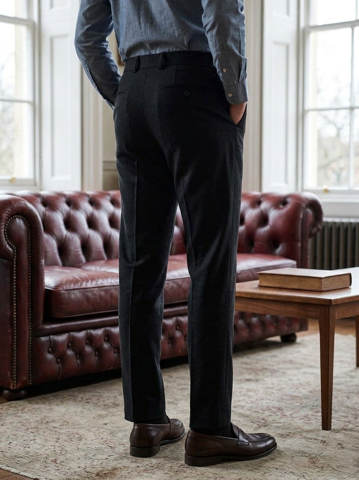 Lansing brushed trousers in Black, lifestyle in a club reading room, Gentlemens Manor