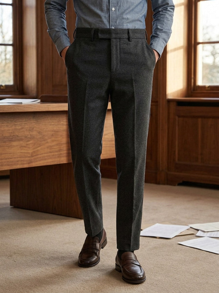 Lansing brushed trousers in Charcoal, lifestyle in a timber paneled office, Gentlemens Manor