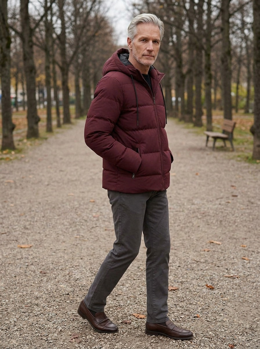 Latham puffer jacket in Burgundy, lifestyle on a park path, Gentlemens Manor