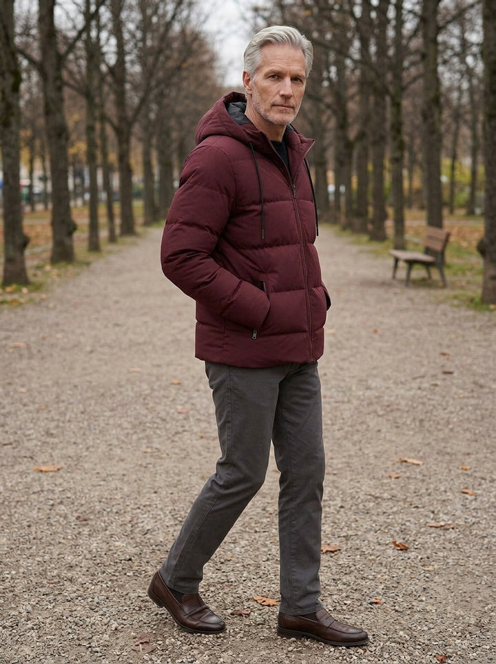 Latham puffer jacket in Burgundy, lifestyle on a park path, Gentlemens Manor