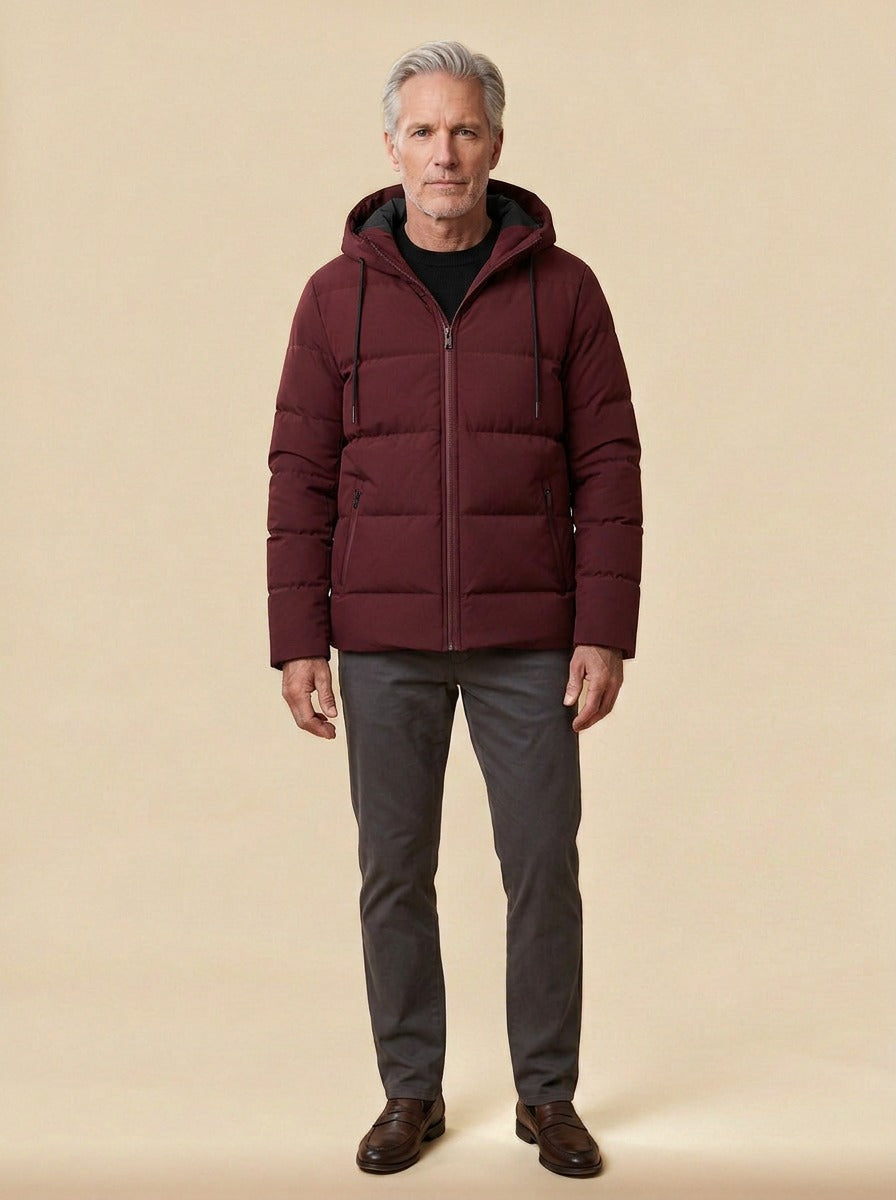 Latham puffer jacket in Burgundy, studio, Gentlemens Manor