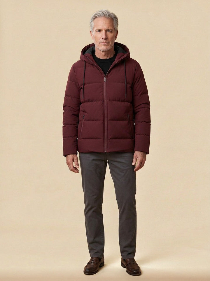 Latham puffer jacket in Burgundy, studio, Gentlemens Manor