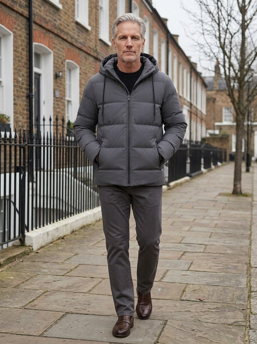 Latham puffer jacket in Charcoal, lifestyle on a street of brick row houses, Gentlemens Manor