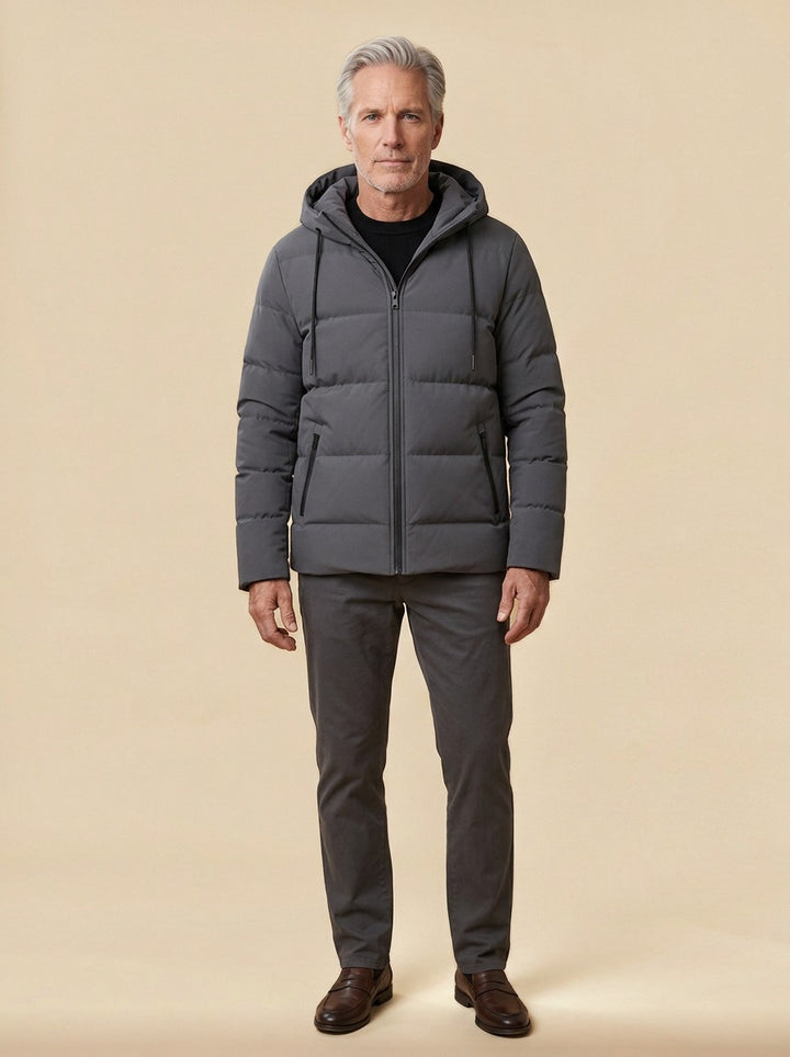 Latham puffer jacket in Charcoal, studio, Gentlemens Manor