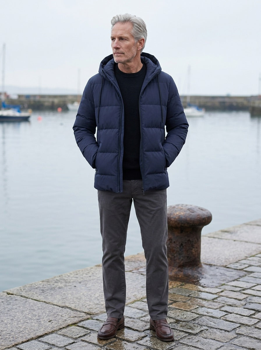 Latham puffer jacket in Navy, lifestyle on a stone harbor quay, Gentlemens Manor