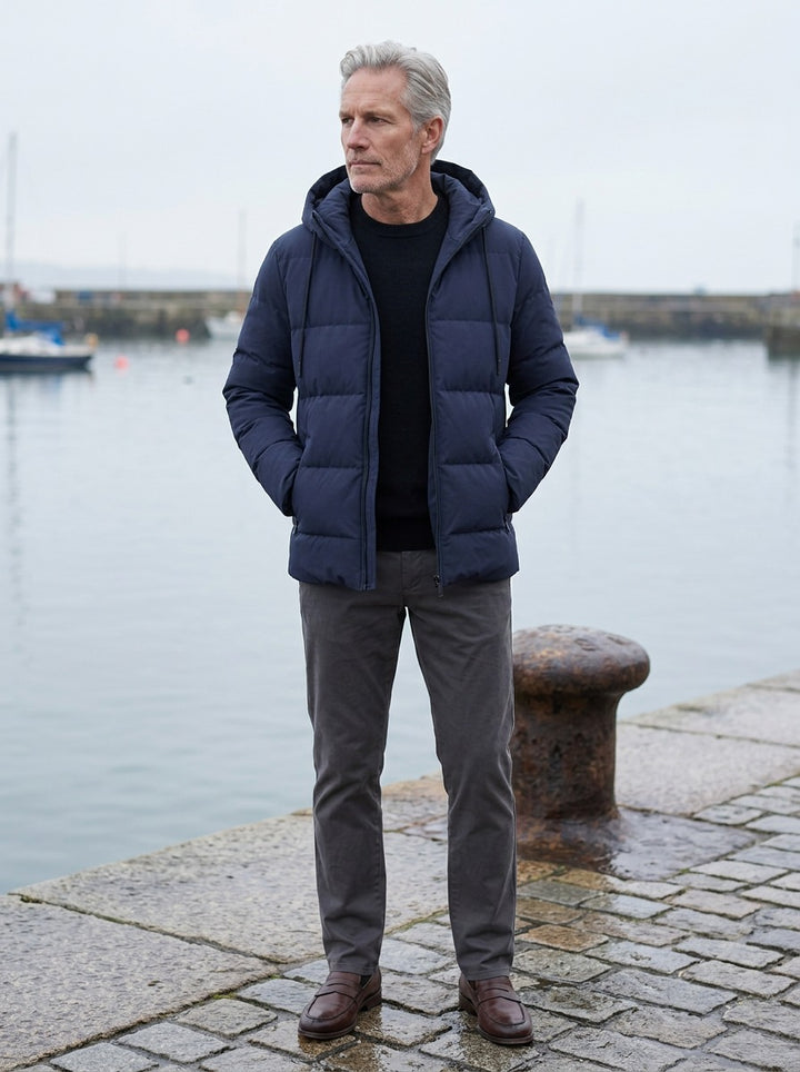 Latham puffer jacket in Navy, lifestyle on a stone harbor quay, Gentlemens Manor