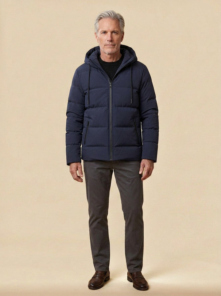 Latham puffer jacket in Navy, studio, Gentlemens Manor