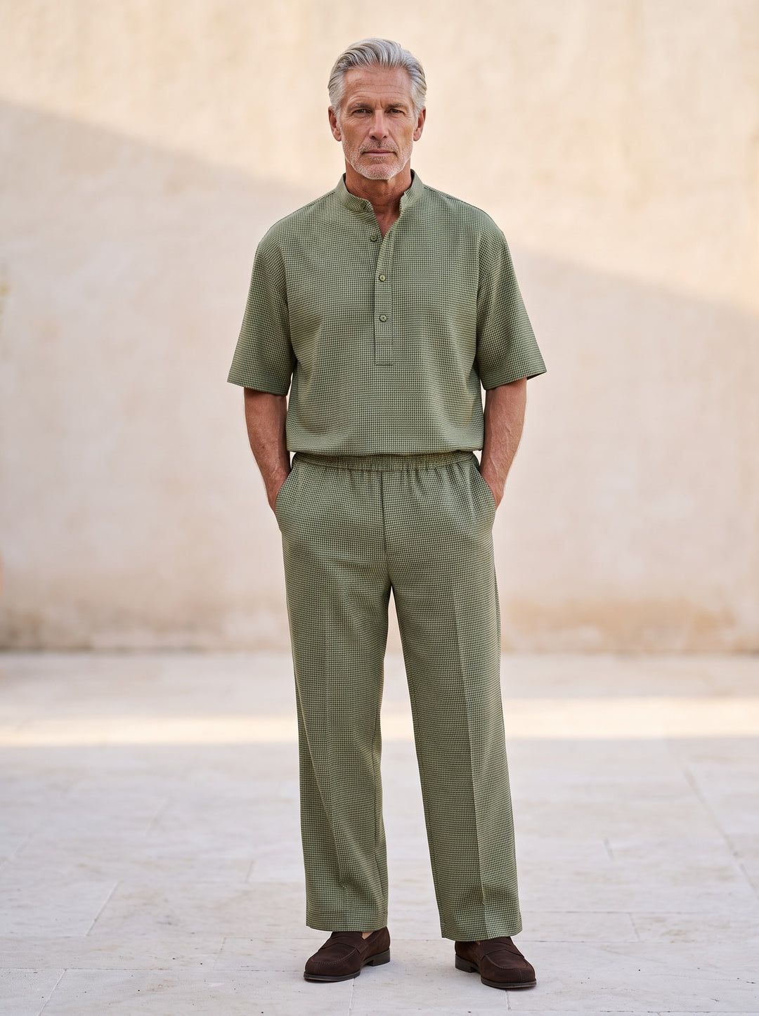 Lawrence two piece set in Olive, lifestyle, Gentlemens Manor