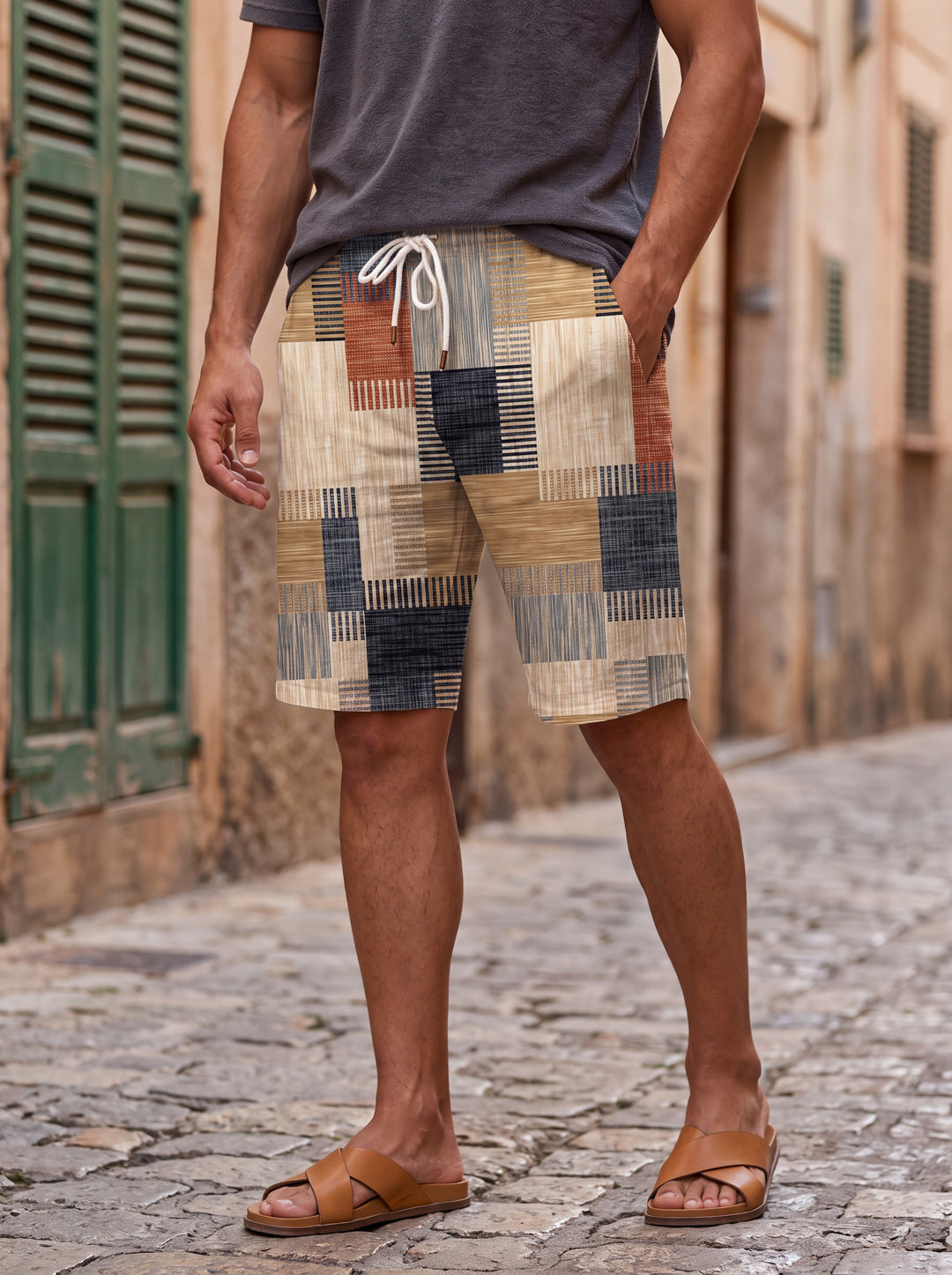 Lennox Men summer shorts in brown, worn by a model in a Mediterranean setting - Gentlemens Manor lifestyle