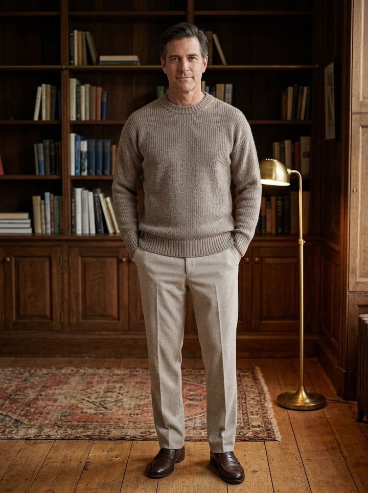 Linford sweater in Camel, lifestyle in a private study, Gentlemens Manor