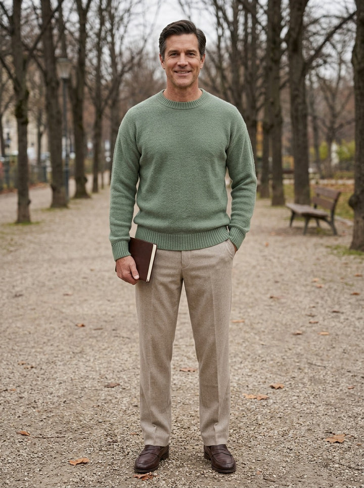 Linford sweater in Sage, lifestyle on a park path, Gentlemens Manor