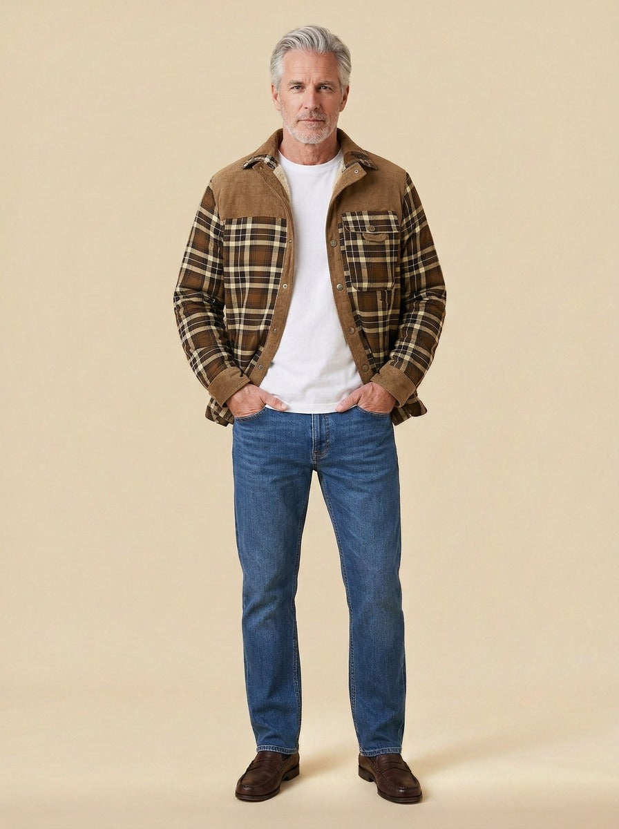 Linwood flannel shirt jacket in Brown, studio, Gentlemens Manor