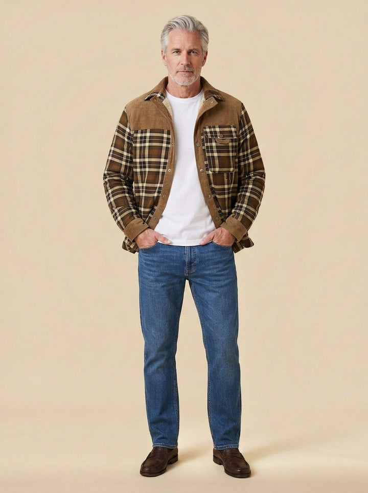 Linwood flannel shirt jacket in Brown, studio, Gentlemens Manor