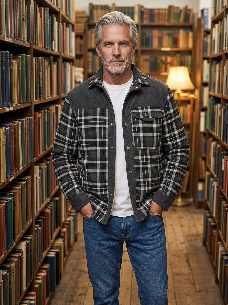 Linwood flannel shirt jacket in Charcoal, lifestyle, Gentlemens Manor
