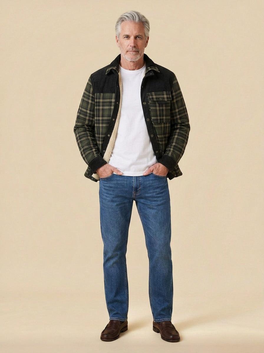 Linwood flannel shirt jacket in Green, studio, Gentlemens Manor