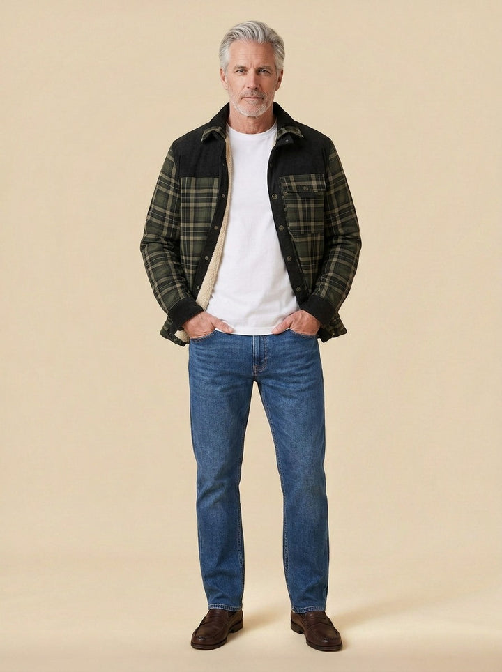 Linwood flannel shirt jacket in Green, studio, Gentlemens Manor
