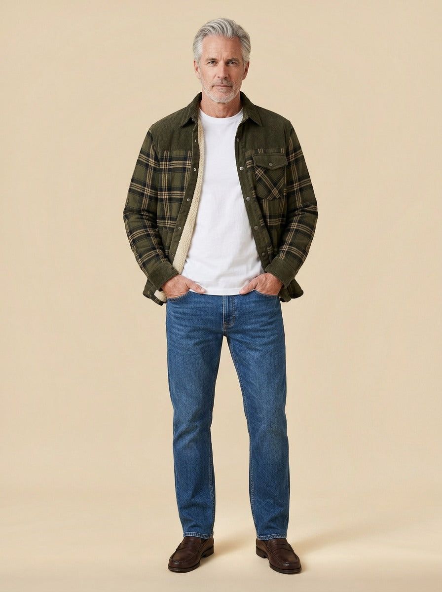 Linwood flannel shirt jacket in Olive, studio, Gentlemens Manor