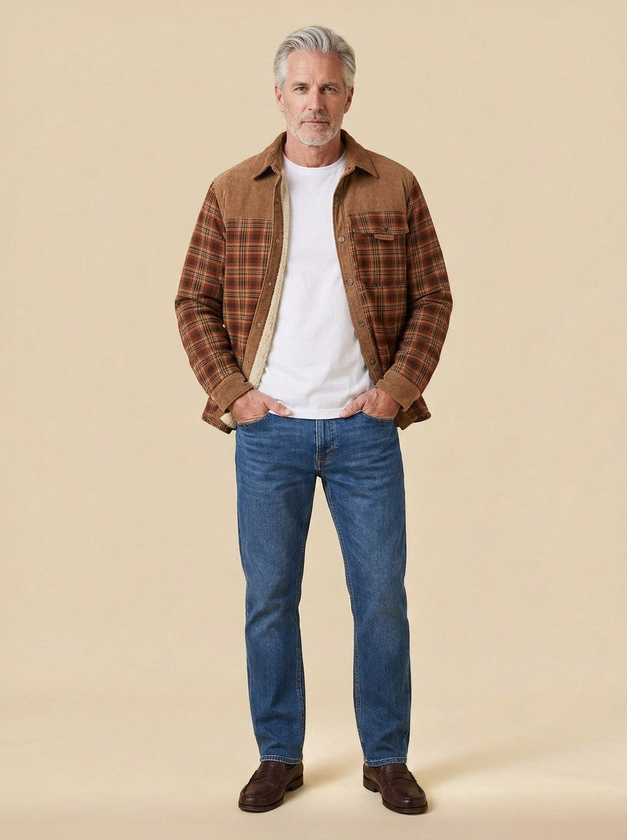 Linwood flannel shirt jacket in Red, studio, Gentlemens Manor
