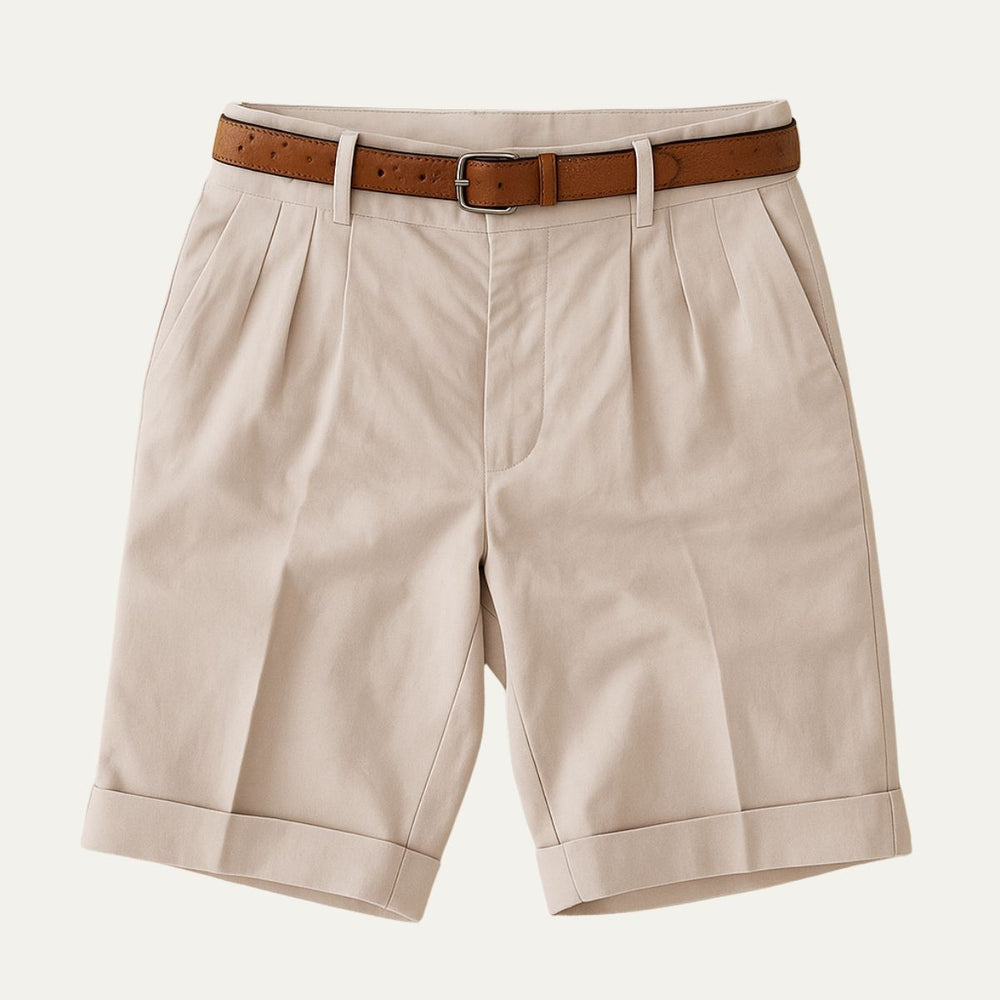 Lionel summer shorts in Beige, product flat lay - Gentlemens Manor