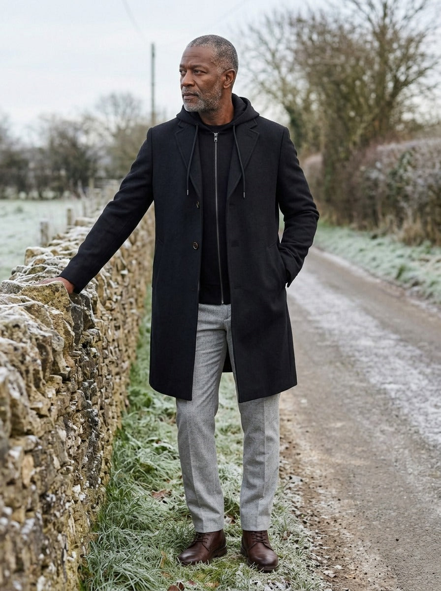 Livingston overcoat in Black, lifestyle on a country lane, Gentlemens Manor