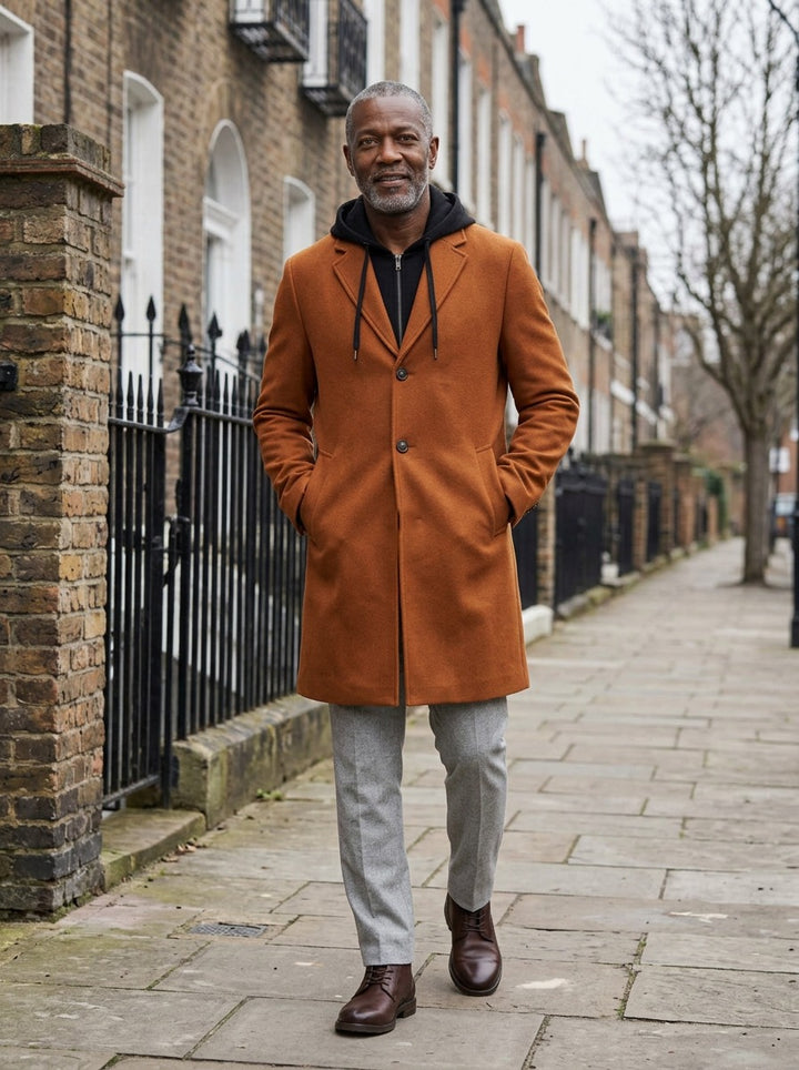 Livingston overcoat in Camel, lifestyle on a street of brick row houses, Gentlemens Manor