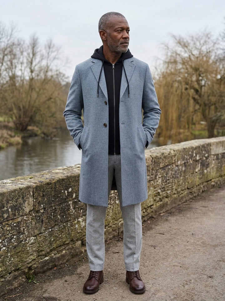 Livingston overcoat in Grey, lifestyle on a stone footbridge, Gentlemens Manor