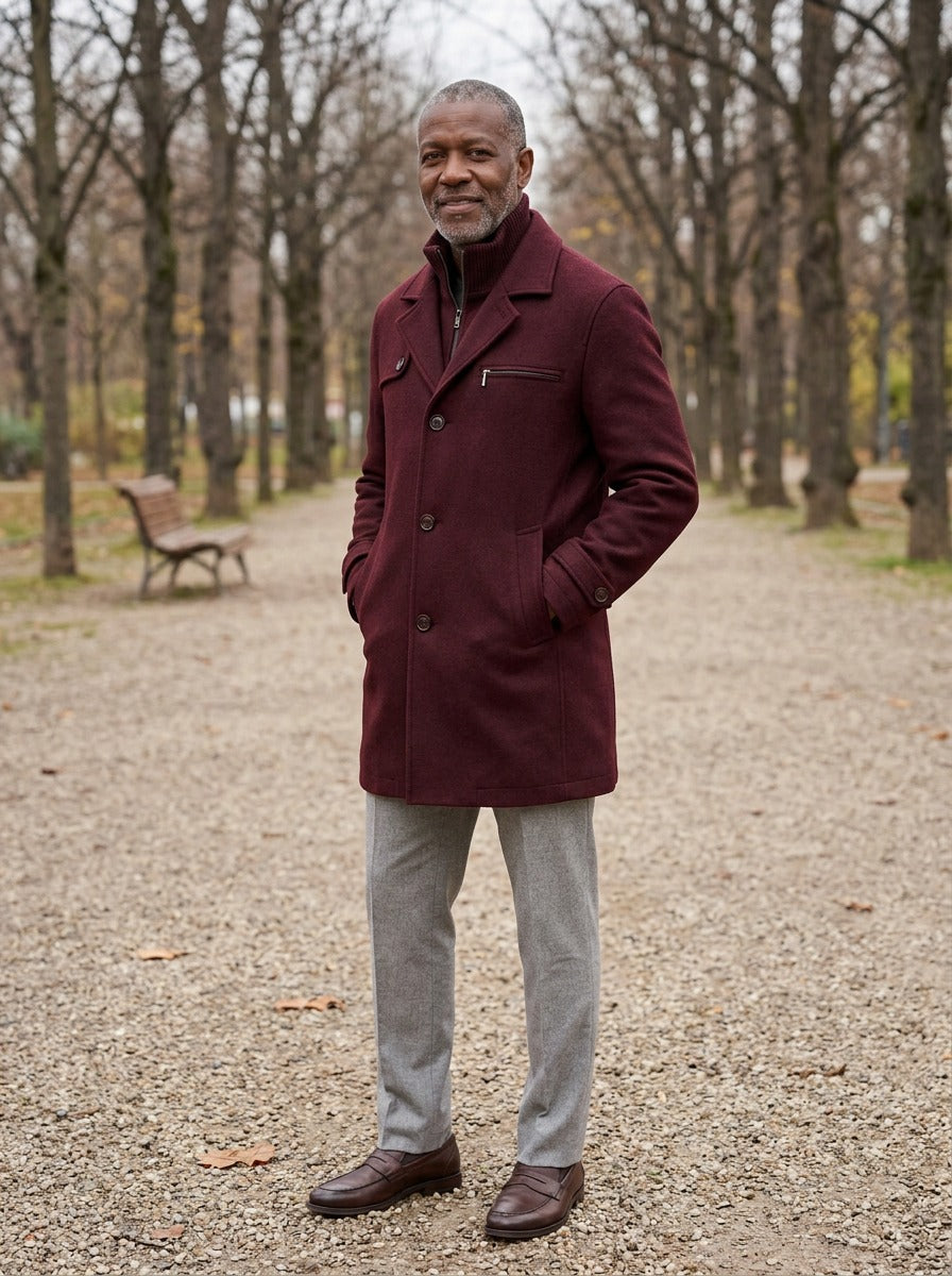 Lockhart coat in Burgundy, lifestyle on a park path, Gentlemens Manor
