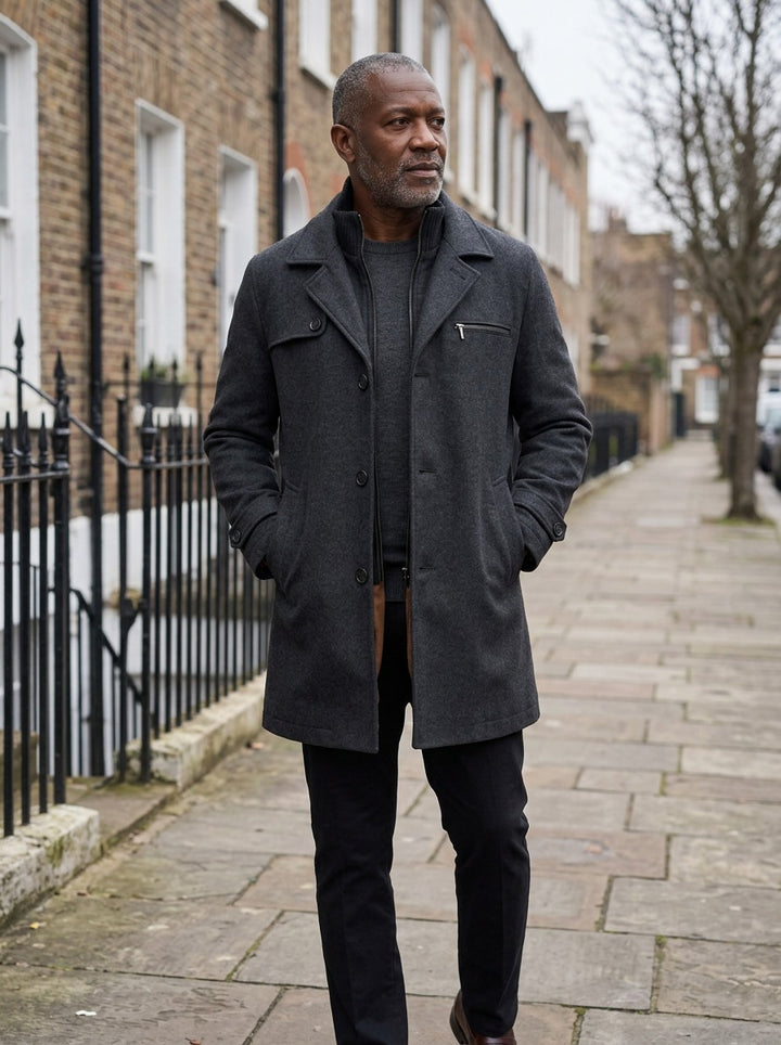Lockhart coat in Charcoal, lifestyle on a street of brick row houses, Gentlemens Manor