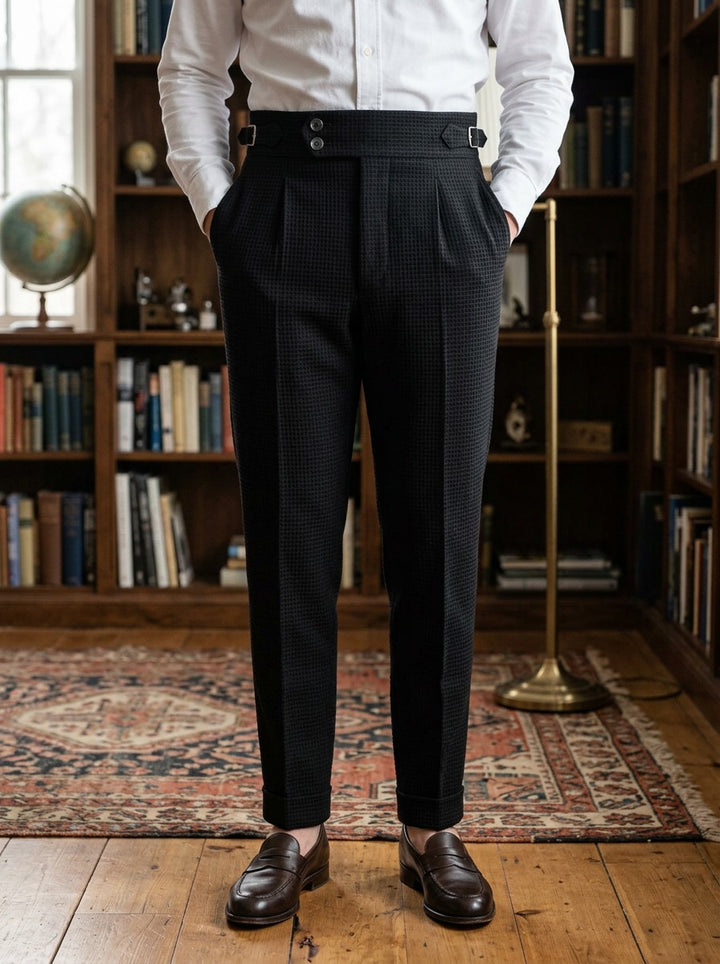 Lowry textured pleated trousers in Black, lifestyle in a private study, Gentlemens Manor