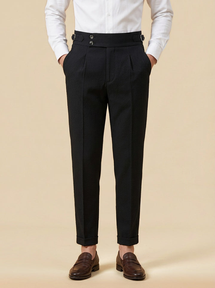 Lowry textured pleated trousers in Black, studio, Gentlemens Manor
