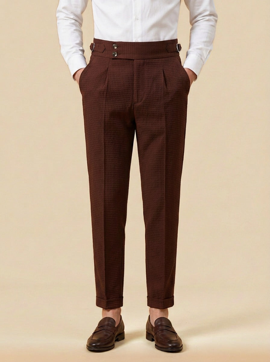 Lowry textured pleated trousers in Dark Brown, studio, Gentlemens Manor