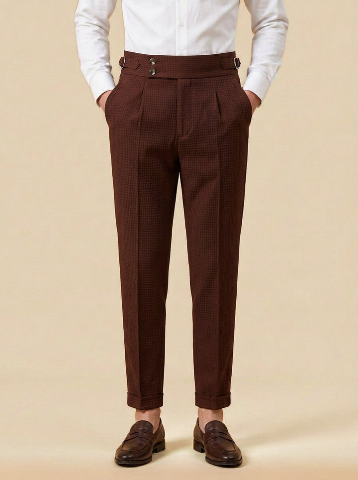 Lowry textured pleated trousers in Dark Brown, studio, Gentlemens Manor