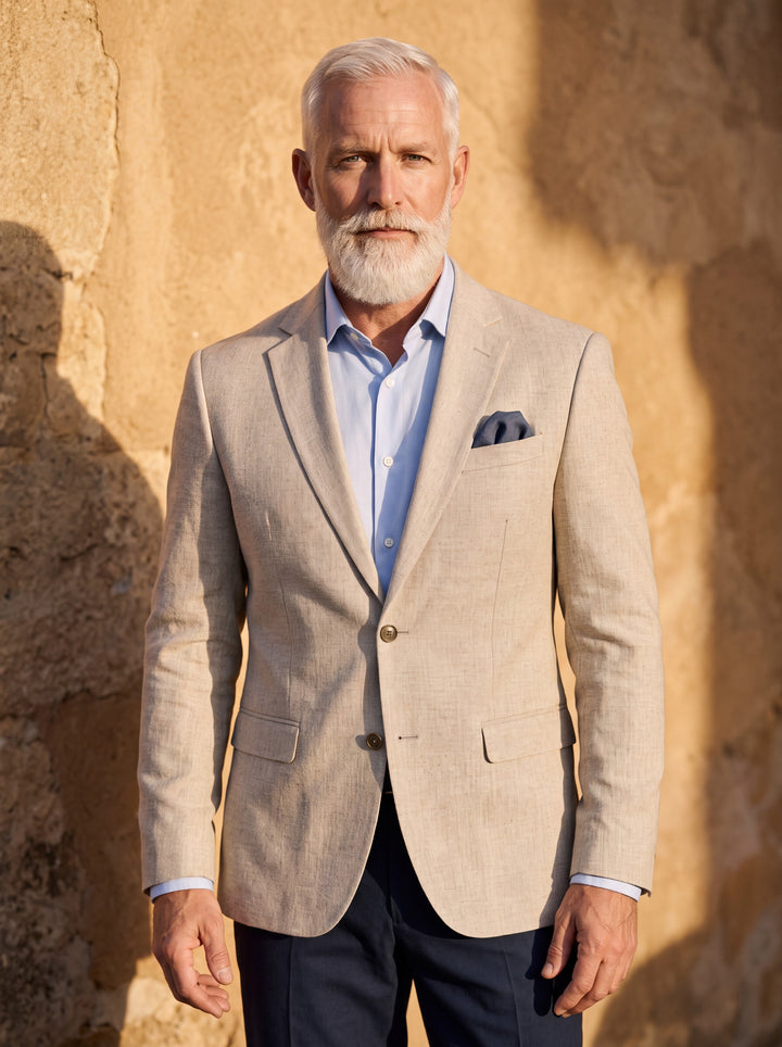 Lyle blazer in Beige, worn by a model in a Mediterranean setting - Gentlemens Manor lifestyle