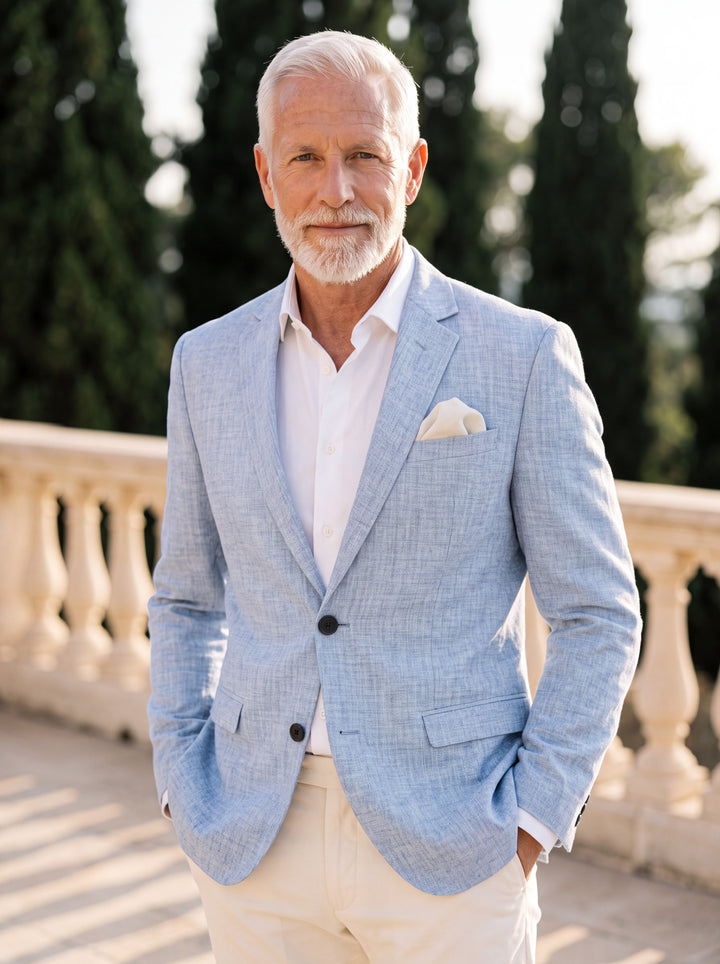 Lyle blazer in Light Blue, worn by a model in a Mediterranean setting - Gentlemens Manor lifestyle