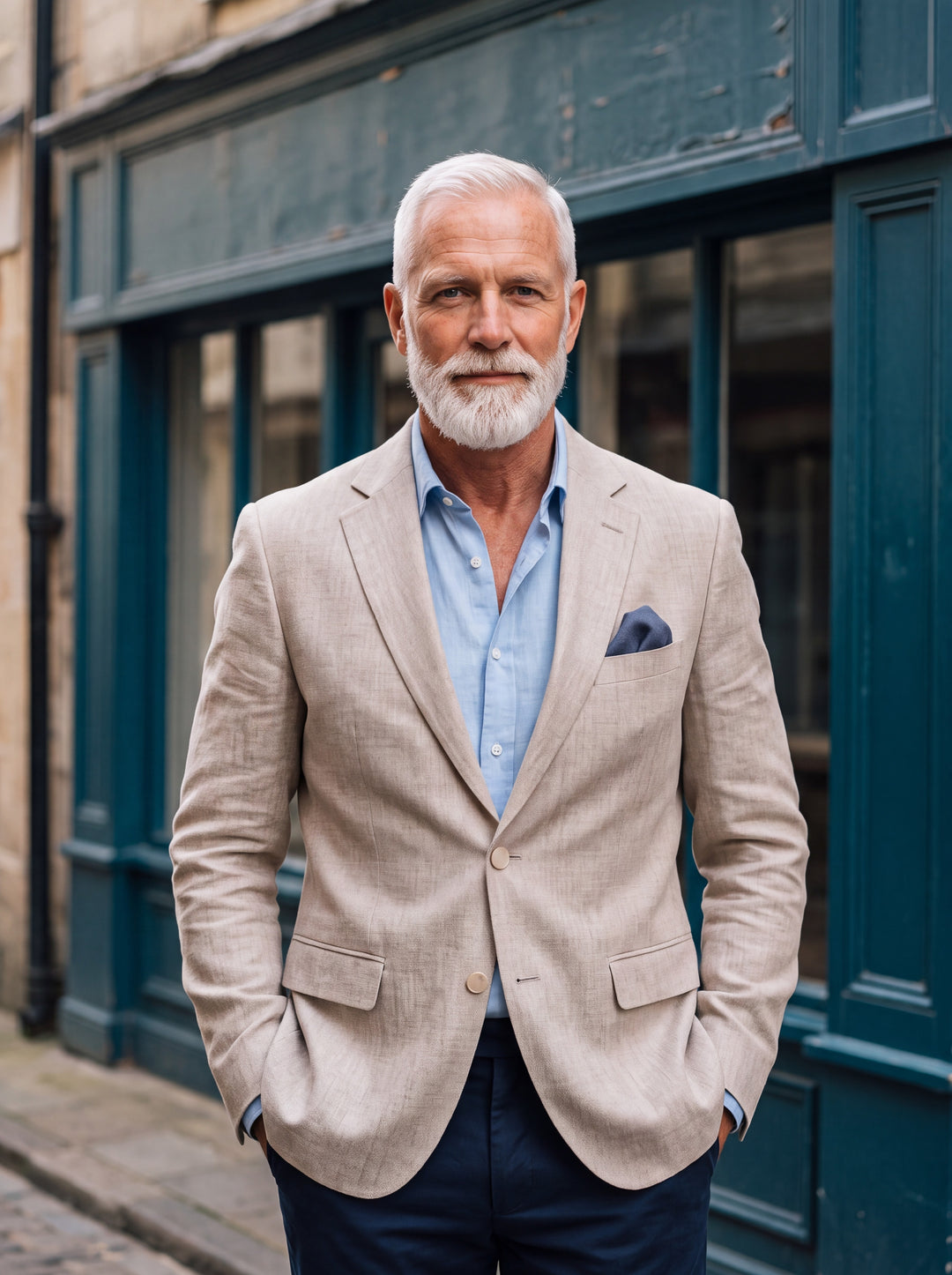Lyman blazer in Beige, worn by a model in a Mediterranean setting - Gentlemens Manor lifestyle