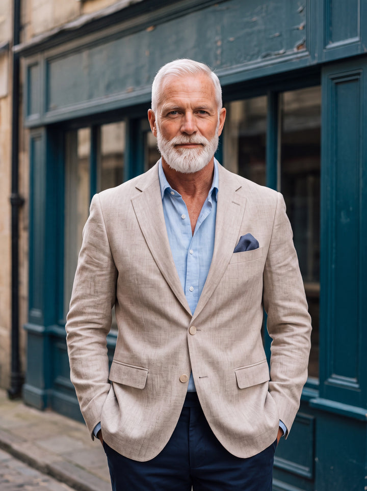 Lyman blazer in Beige, worn by a model in a Mediterranean setting - Gentlemens Manor lifestyle