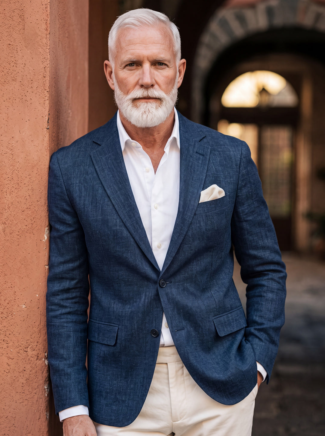 Lyman blazer in Navy, worn by a model in a Mediterranean setting - Gentlemens Manor lifestyle