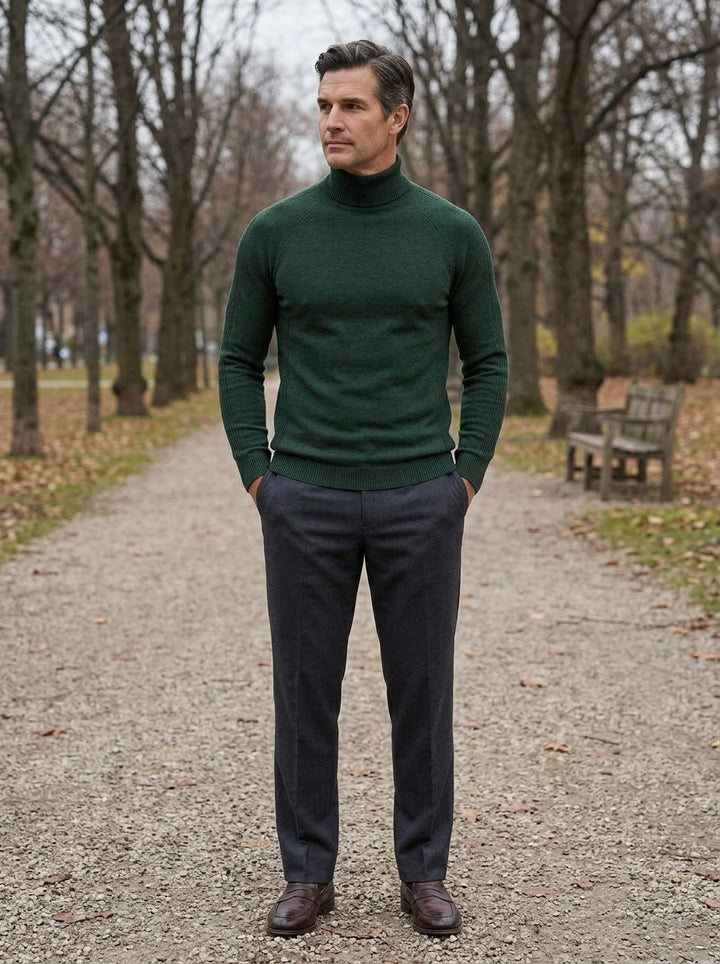 Lyndhurst raglan turtleneck sweater in Dark Green, lifestyle on a park path, Gentlemens Manor