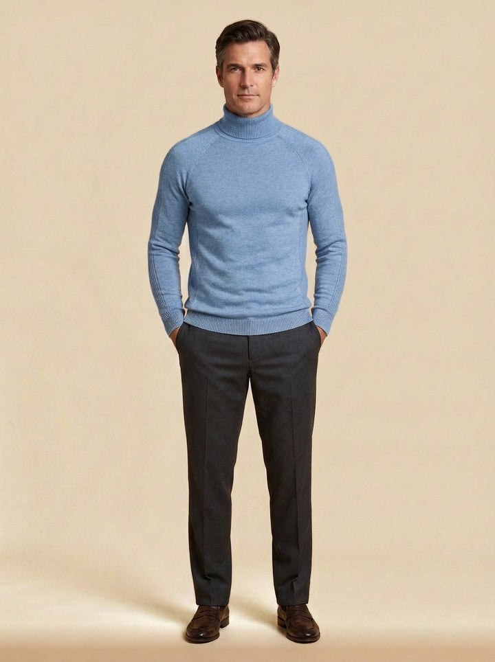 Lyndhurst raglan turtleneck sweater in Light Blue, studio, Gentlemens Manor