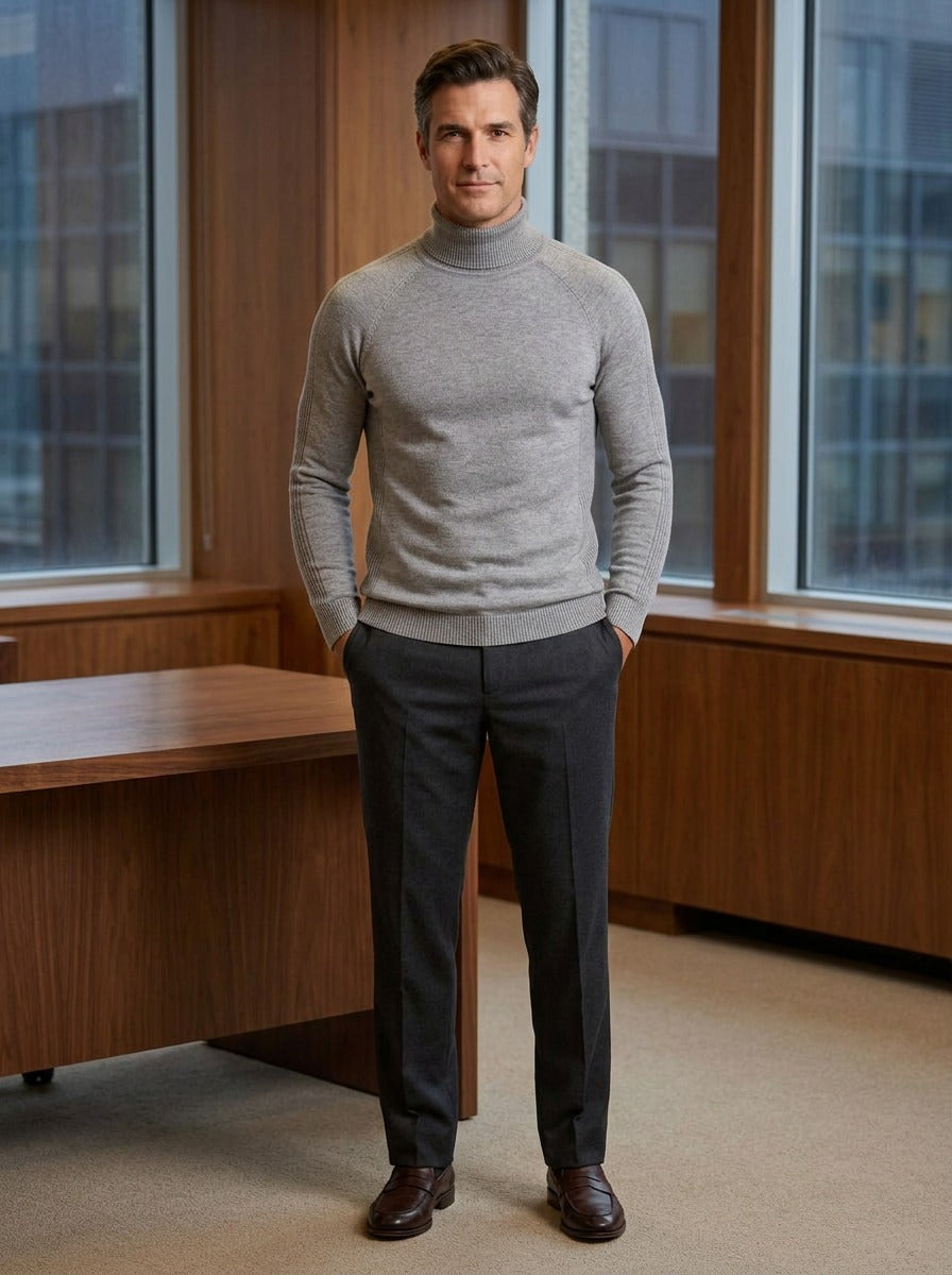 Lyndhurst raglan turtleneck sweater in Light Grey, lifestyle in a timber paneled office, Gentlemens Manor
