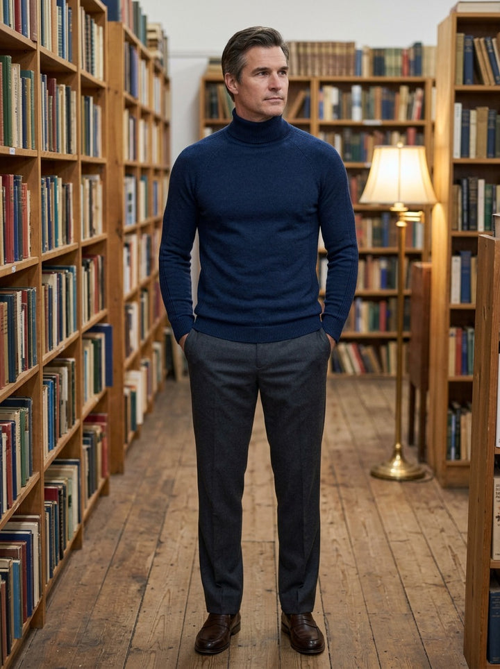 Lyndhurst raglan turtleneck sweater in Navy, lifestyle in a secondhand bookshop, Gentlemens Manor
