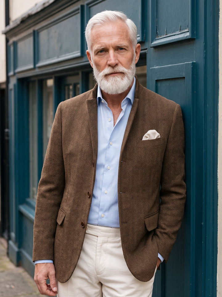 Lyndon blazer in Dark Brown, worn by a model in a Mediterranean setting - Gentlemens Manor lifestyle