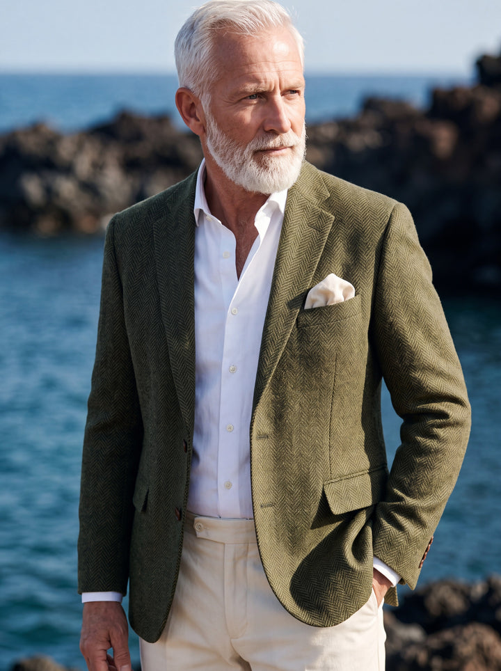 Lyndon blazer in Olive, worn by a model in a Mediterranean setting - Gentlemens Manor lifestyle
