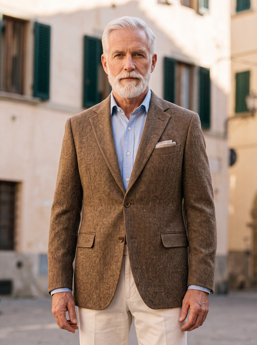 Mack blazer in Brown, worn by a model in a Mediterranean setting - Gentlemens Manor lifestyle