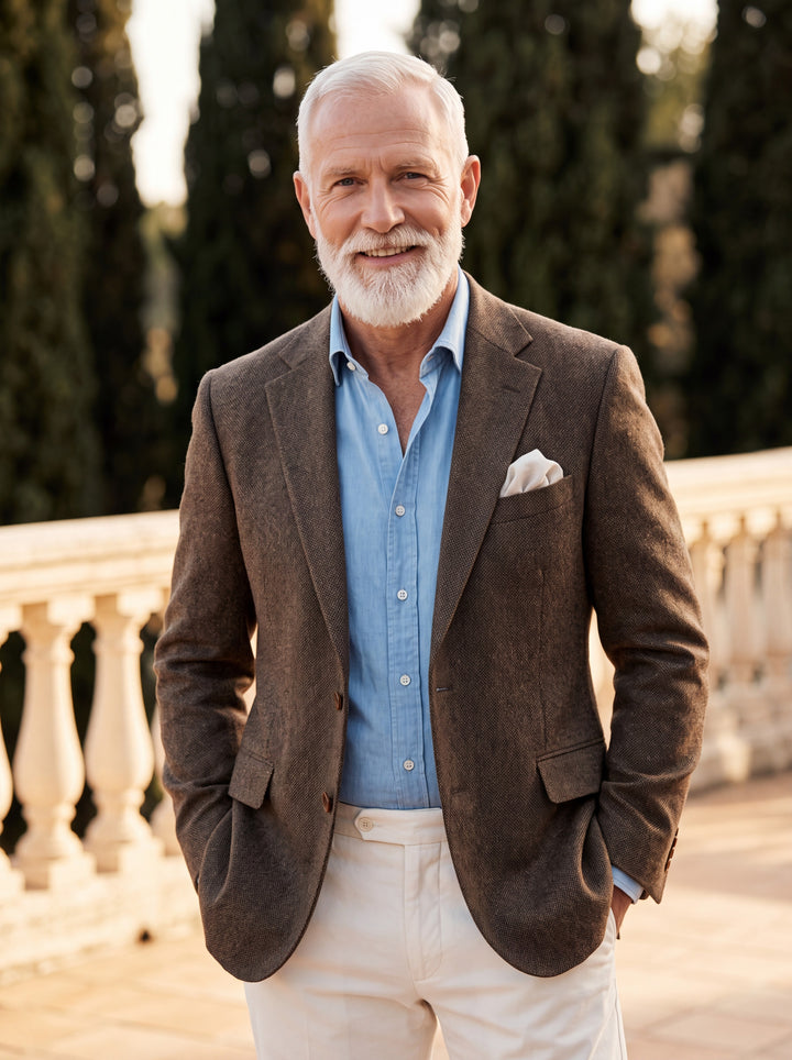 Mack blazer in Dark Brown, worn by a model in a Mediterranean setting - Gentlemens Manor lifestyle